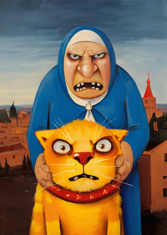 10254-839126105-half body portrait russian very angry  old female in blue dress  holding the yellow cat by the tail cat holding sausage red city.jpg